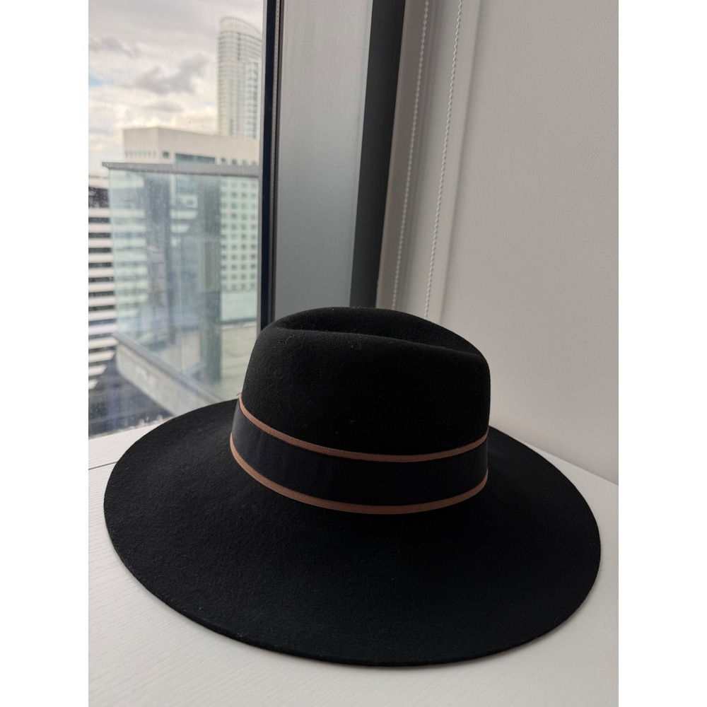 Zara Black 100% Wool Wide Brim Fedora‎ Hat with Ribbon Trim Size Medium